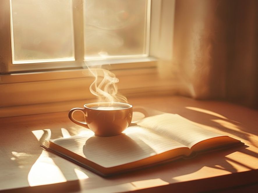 Peaceful morning with natural light streaming through open curtains onto a clean desk with coffee cup