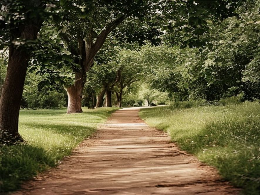 Tree-lined walking path through a peaceful park with natural shade and green surroundings